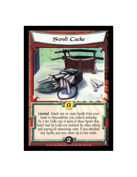 Scroll Cache  - Limited: Attach one or more Spells from your hand to Personalities you control, reducing by 1 the Gold cost of e