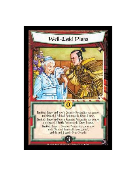 Well-Laid Plans (Spanish)  - Limited: Target and bow a Courtier Personality you control and discard 3 Political Action cards: Dr