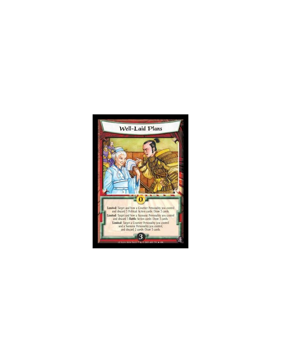 Well-Laid Plans (Spanish)  - Limited: Target and bow a Courtier Personality you control and discard 3 Political Action cards: Dr