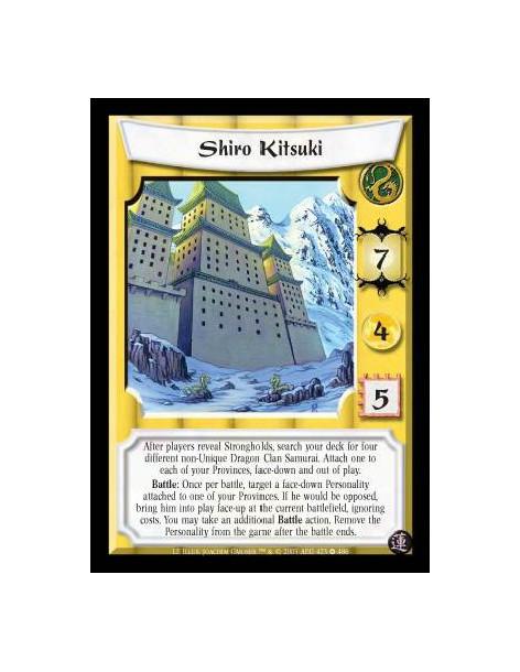 Shiro Kitsuki (Spanish)  - After players reveal Strongholds, search your deck for four different non-Unique Dragon Clan Samurai.