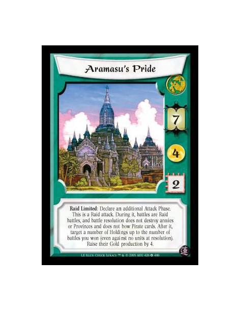 Aramasu's Pride (Español)  - Raid Limited: Declare an additional Attack Phase. This is a Raid attack. During it, battles are Rai