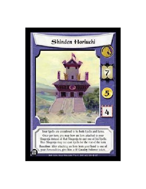 Shinden Horiuchi (Spanish)  - Your Spells are considered to be both Spells and Items.Once per turn, you may bow an Item attached