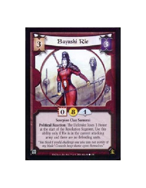 Bayushi Rie  - Scorpion Clan Samurai Political Reaction: The Defender loses 3 Honor at the start of the Resolution Segment. Use