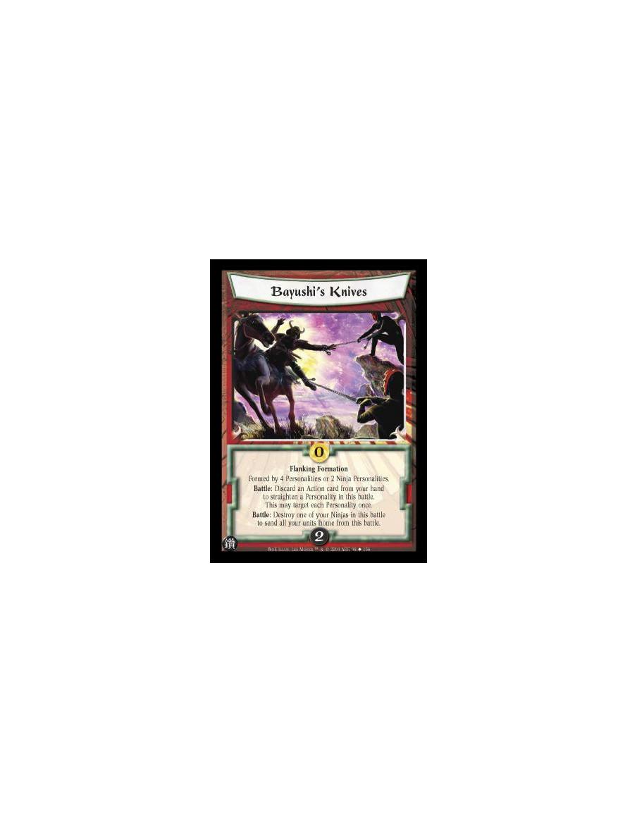Bayushi's Knives  - Flanking Formation Formed by 4 Personalities or 2 Ninja Personalities. Battle: Discard an Action card from y