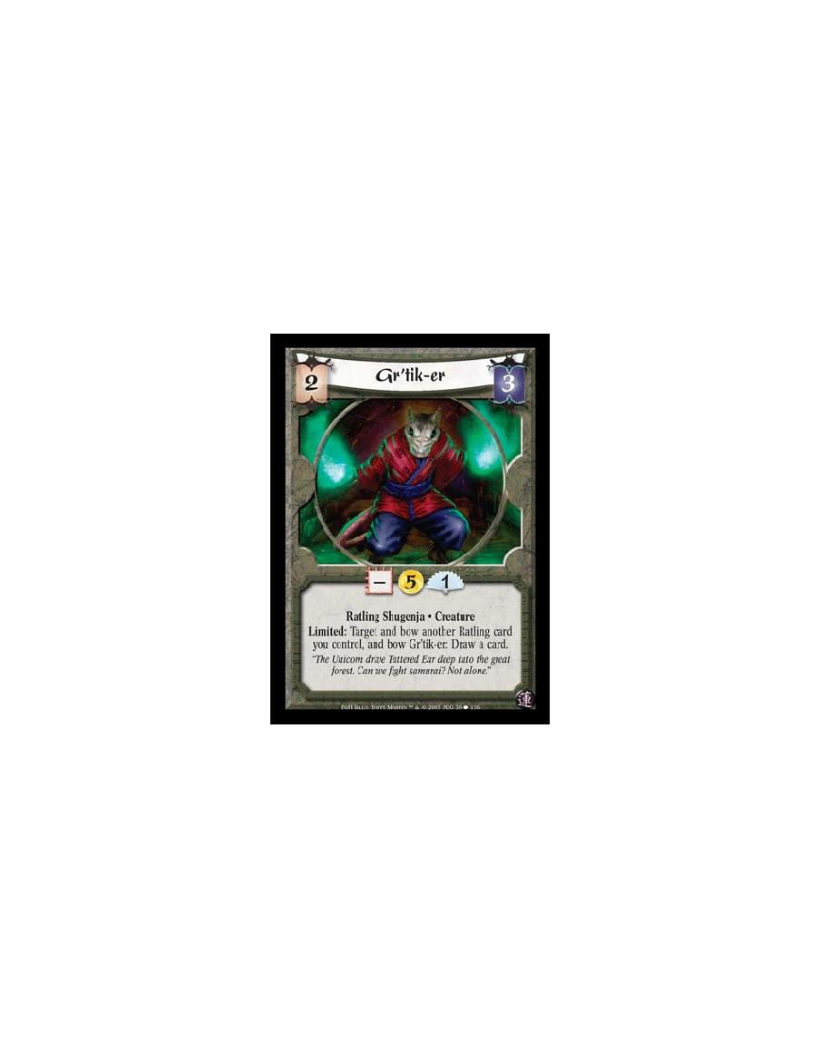Gr'tik-er  - Ratling Shugenja · Creature. Limited: Targ and bow another Ratling card you control, and bow Gr'tik-er: Draw a card