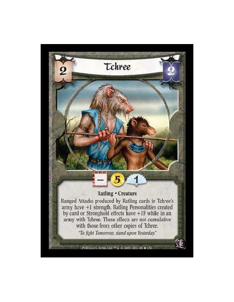 Tchree  - Ratling · Creature. Ranged Attacks produced by Ratling cards in Tchree's army have +1 strength. Ratling Personalities