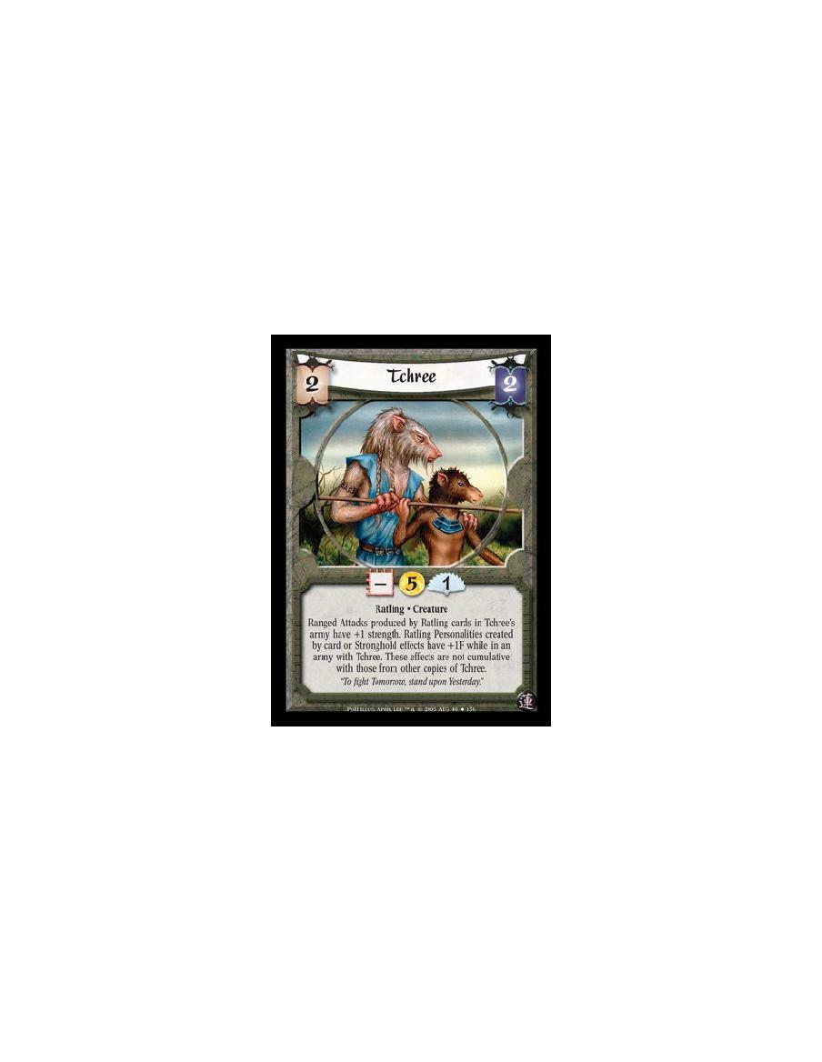 Tchree  - Ratling · Creature. Ranged Attacks produced by Ratling cards in Tchree's army have +1 strength. Ratling Personalities 