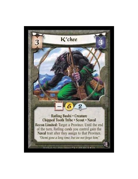 K'Chee FOIL (Español)  - Ratling Bushi · Creature · Chipped Tooth Tribe · Scout · Naval. Recon Limited: Target a Province. Until