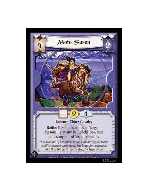 Moto Suren FOIL  - Unicorn Clan · Cavalry. Battle: If Suren is opposed: Target a Personality at any battlefield. Bow him or dest