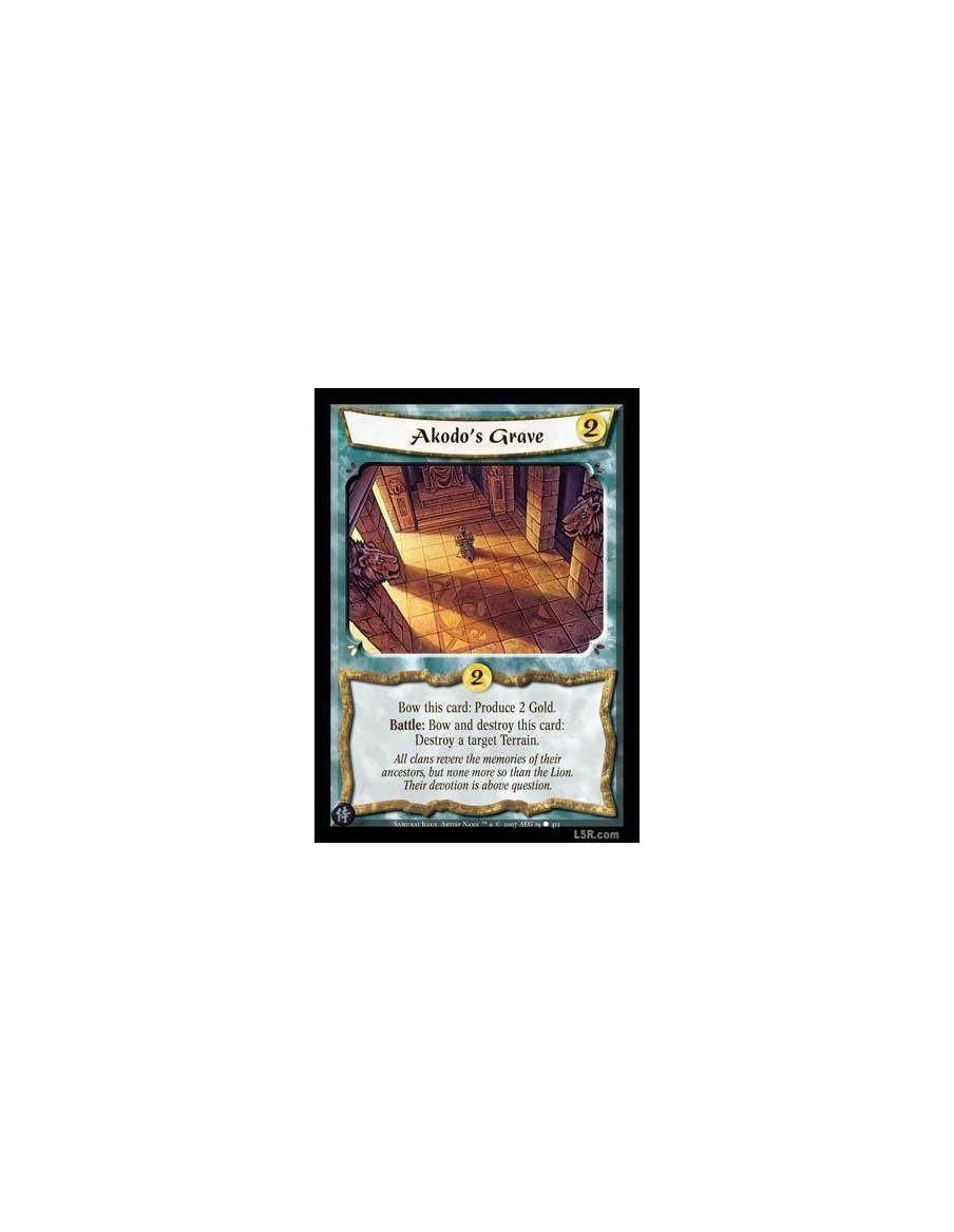 Akodo's Grave  - Bow this card: Produce 2 Gold. Battle: Bow and destroy this card: Destroy a target a Terrain.