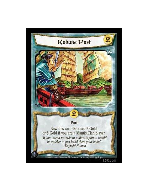 Kobune Port  - Port. Bow this card: Produce 2 Gold, or 3 Gold if you are a Mantis Clan player.