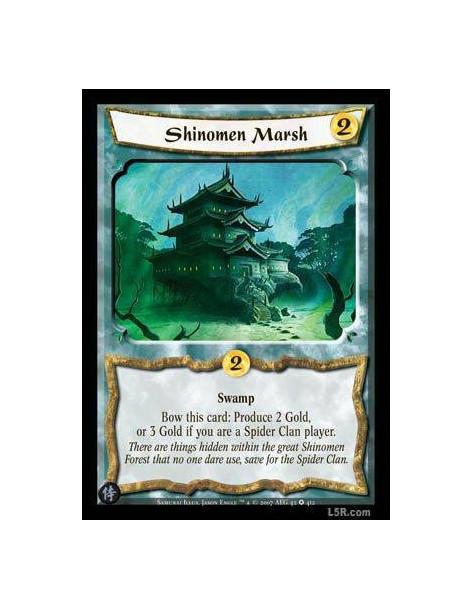 Shinomen Marsh  - Swamp. Bow this card: Produce 2 Gold, or 3 Gold if you are a Spider Clan player.