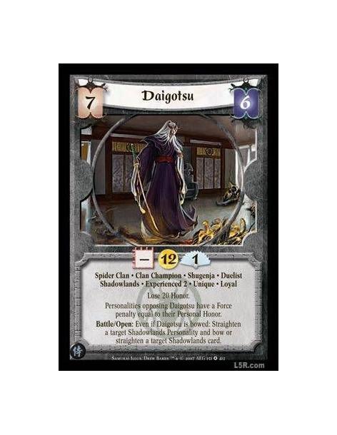 Daigotsu Exp2 (Spanish)  - Spider Clan · Clan Champion · Shugenja · Duelist · Shadowlands · Experienced 2 · Unique · Loyal. Lose