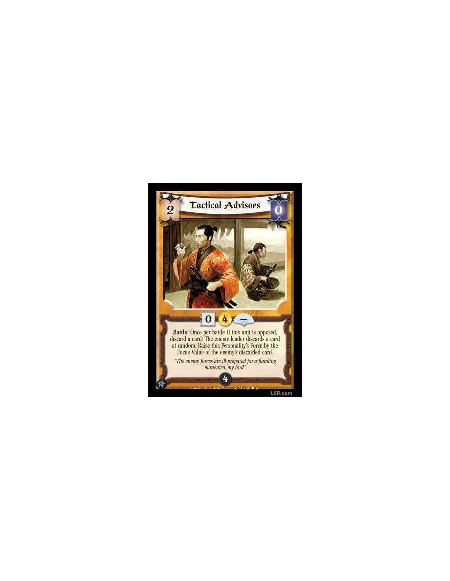 Tactical Advisors  - Battle : Once per battle, if this unit is opposed, discard a card: The enemy leader discards a card at rand