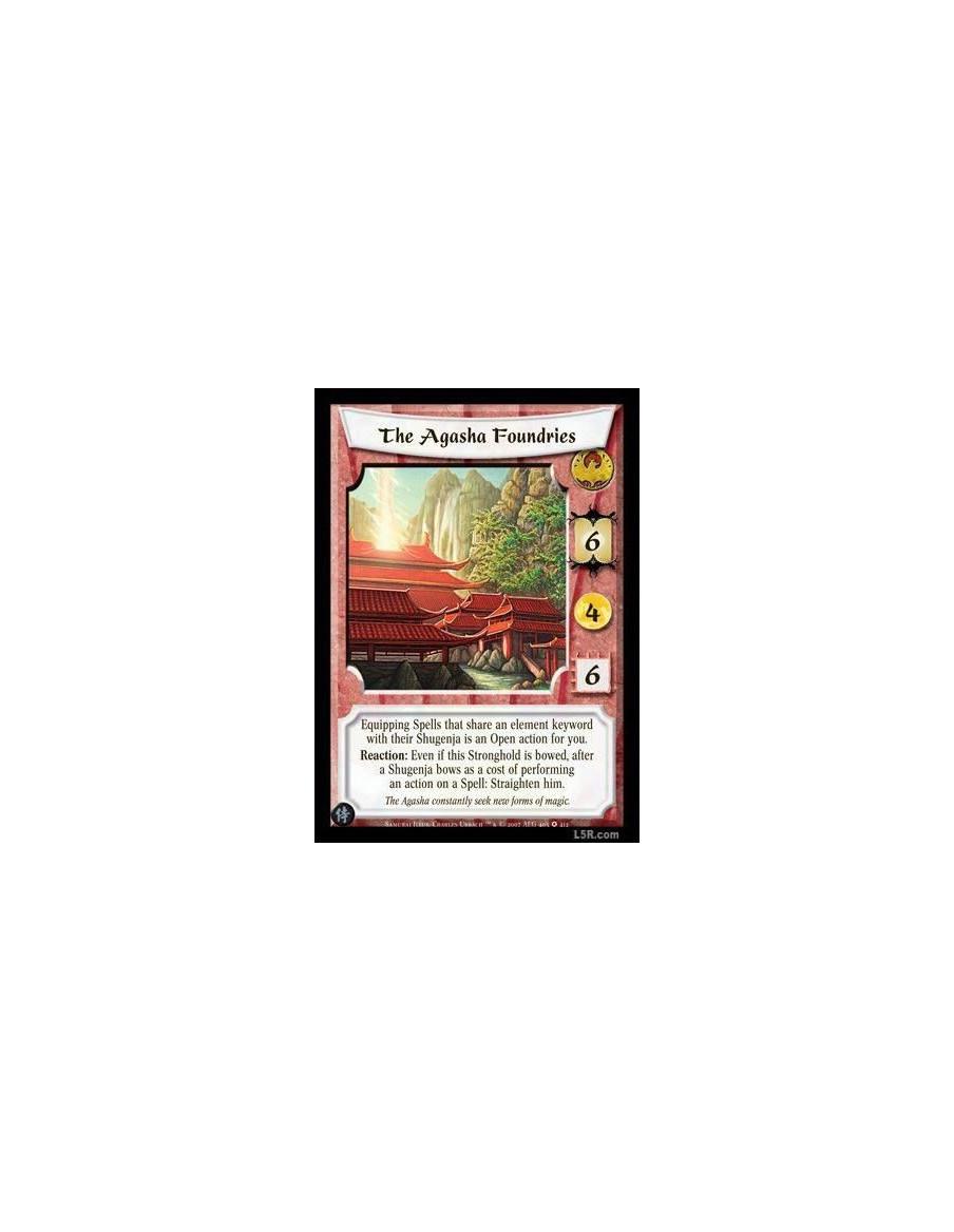 The Agasha Foundries  - Equipping Spells that share an elemental keyword with their Shugenja is an Open action for you. Reaction