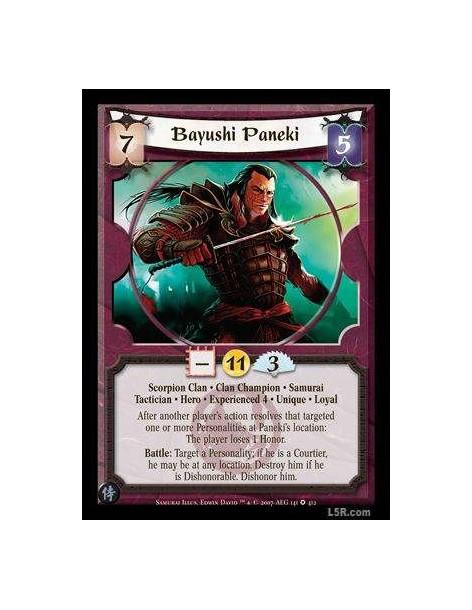 Bayushi Paneki Exp4 Full Bleed  - Scorpion Clan · Clan Champion · Samurai · Tactician · Hero · Experienced 4 · Unique · Loyal. A