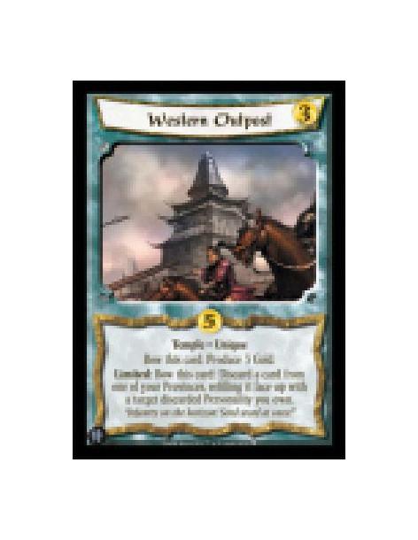 Western Outpost  - Temple • Unique  Bow this card: Produce 3 Gold.  Limited: Bow this card: Discard a card from one of your Prov